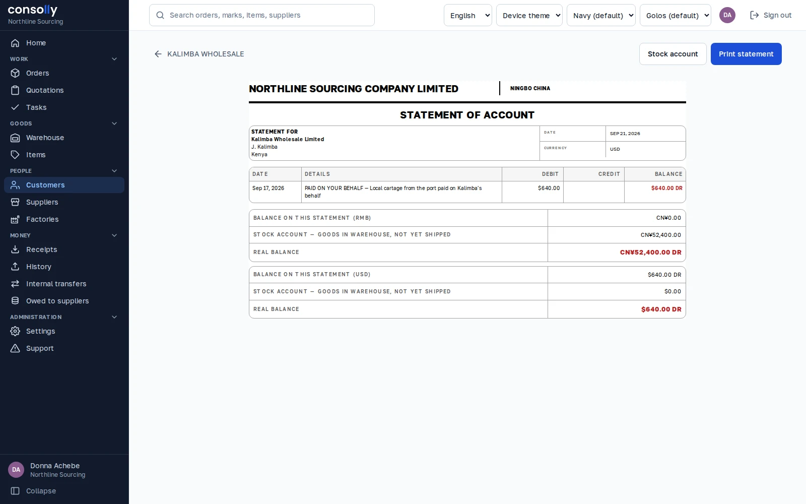Kalimba Wholesale customer statement in the Northline demo workspace